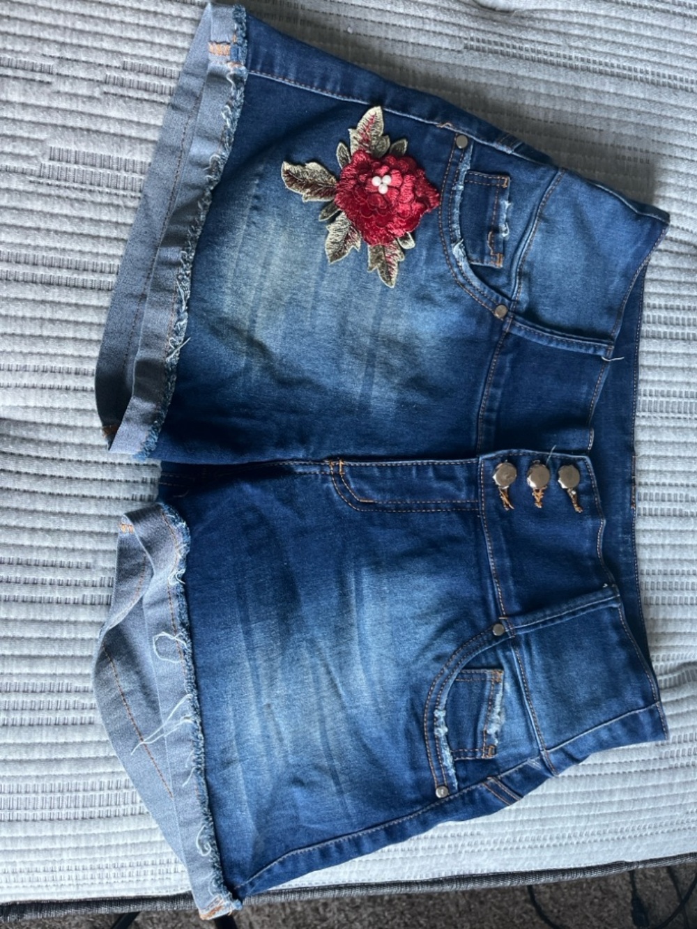 Embroidered Dark Blue Denim Jean Shorts with Red Rose